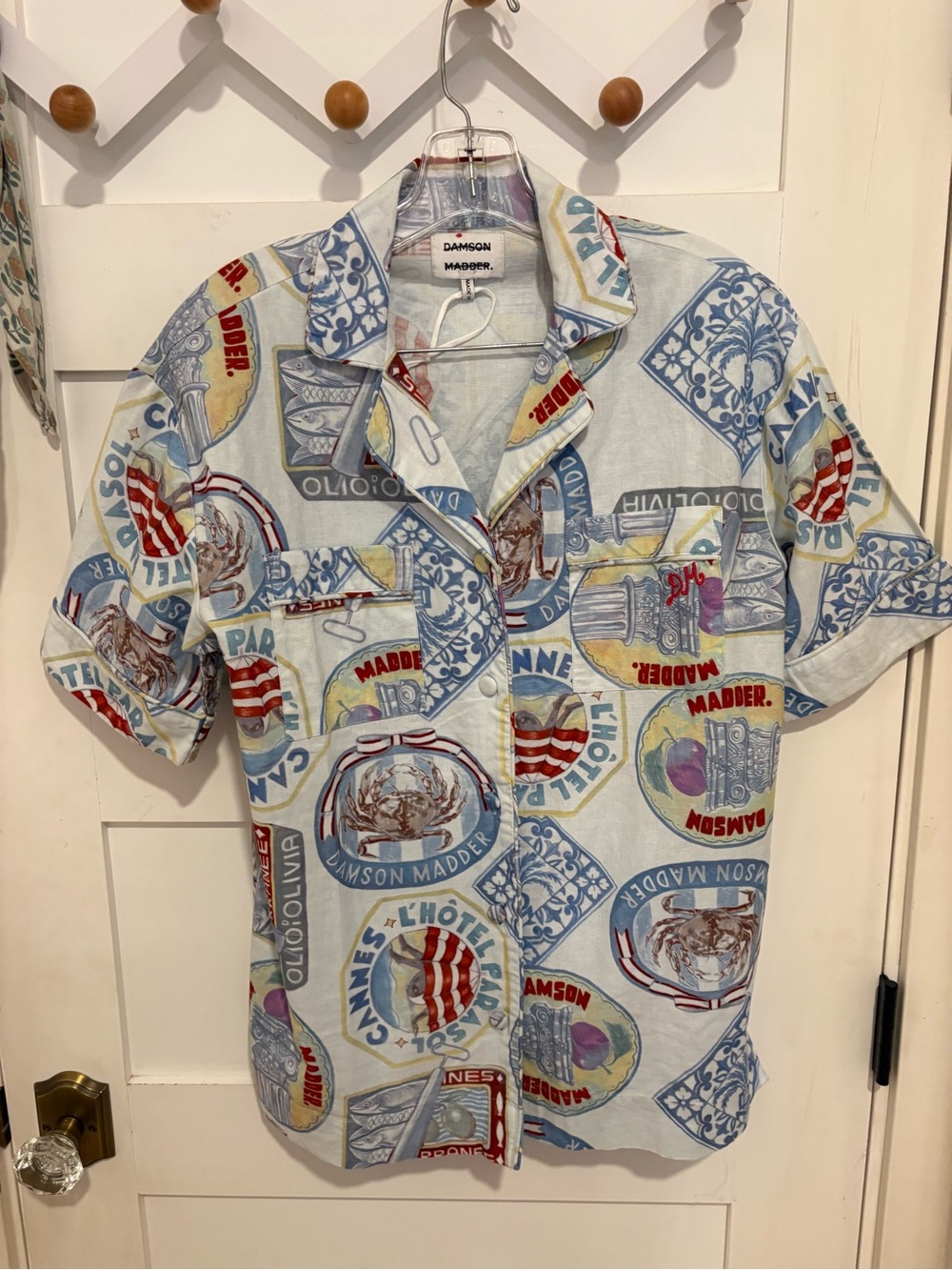 NWOT Damson Madder Women's Short-Sleeve Button-Down Shirt in Light Blue Print